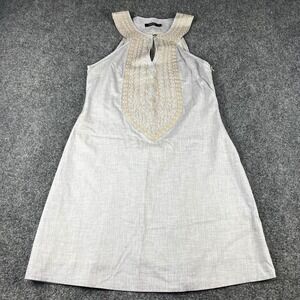 Theme Womens Cotton Linen Blend Embroidered Shift Dress Gray Gold Resort Boho Sm